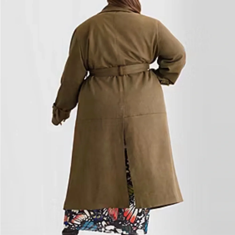 Ashley Graham Faux Suede Long Trench Coat in Olive Brown - Picture 4 of 11